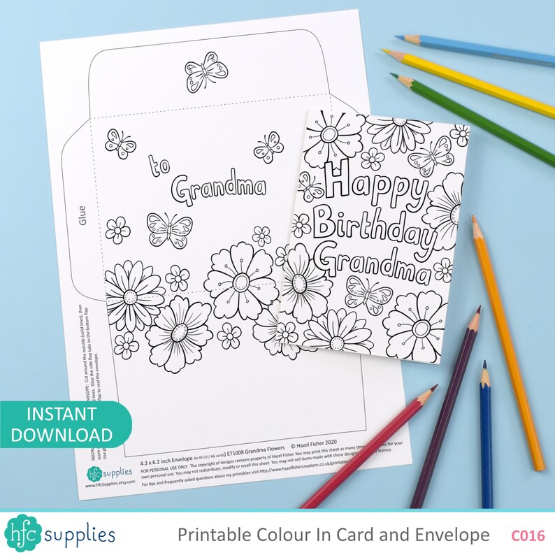 May include: Printable coloring page for a birthday card and envelope featuring a floral design with butterflies and the text "Happy Birthday Grandma".