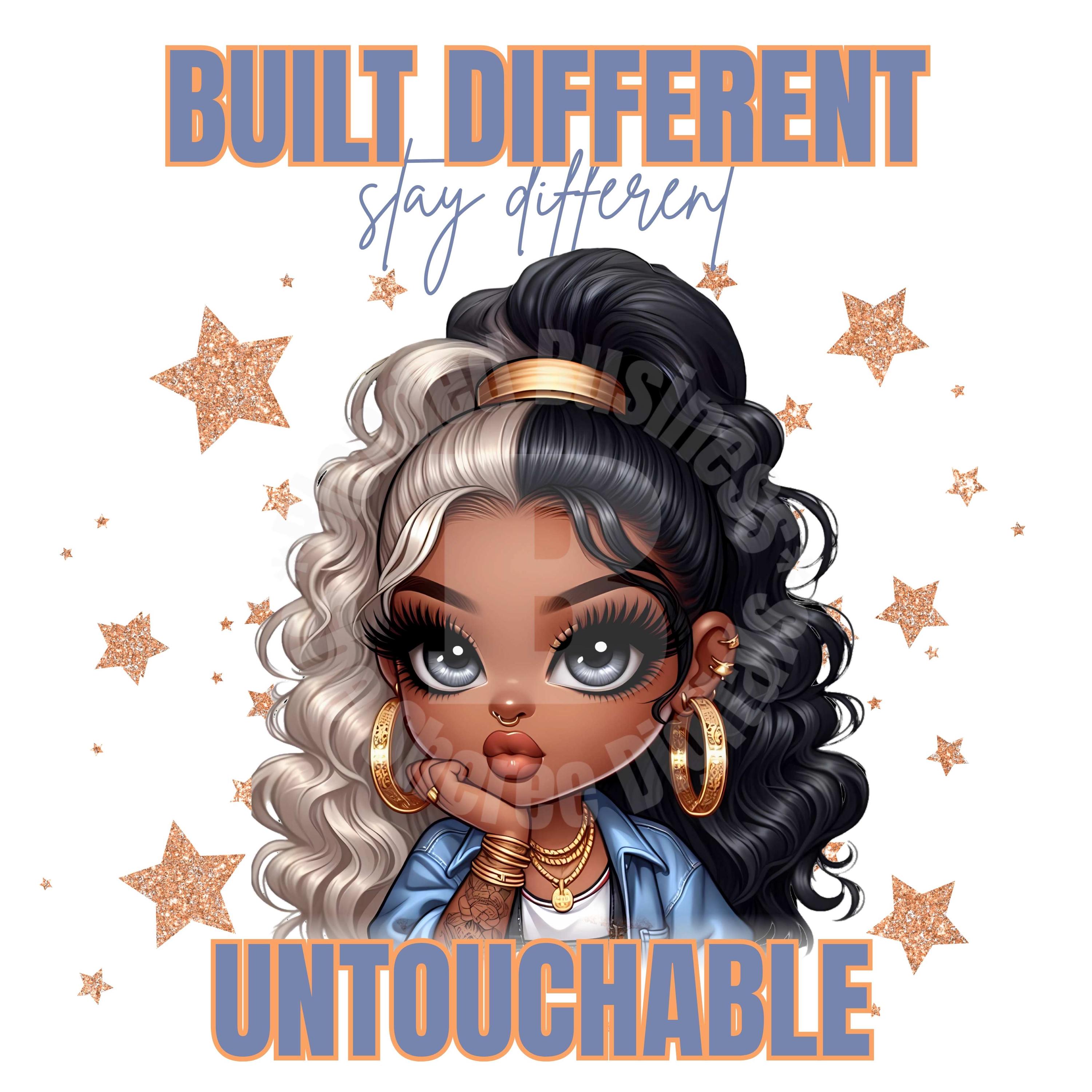 Diseñada de manera diferente, mantente diferente, intocable, humor, motivación, magia de chica negra, gráfico de estrella, jefa, imprimible, diseño digital, PNG