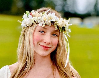 white flower headband, flower tieback, Ready to ship,halo headband,flower girl headband,bridal headband,flower crown, boho headband