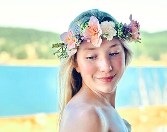 peachy pink cream and green flower  headband, Ready to ship, flower  tieback,halo headband,flower girl headband,bridal headband,flower crown