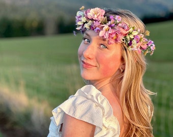 purple flower crown, READY TO SHIP, lavender and vintage green tieback,, ready to ship boho crown, lavender tieback