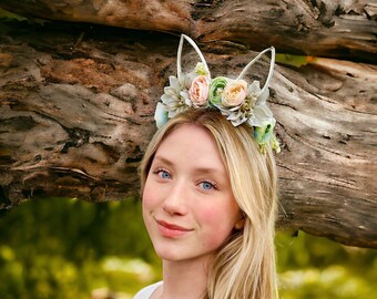 Bunny ears headband, Easter headband. White and green flower headband, Ready to ship, Easter photo prop, bunny headband