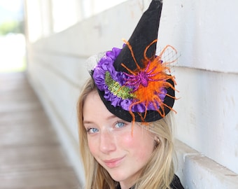 witch hat, witch hats, flower witch hat, , adult witch hat,  orange purple green and black witch hat, ,baby witch hat,spider witch hat