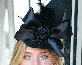 Black witch hat, flower witch hat, witch hat headband, adult witch hat, child witch hat, witch hat, photo prop, witch hat fascinator,