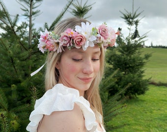 pink cream and green flower  headband, Ready to ship, flower  tieback,halo headband,flower girl headband,bridal headband,flower crown