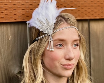 White Feather Flapper Headband, Silver Rhinestone, Bridal Costume