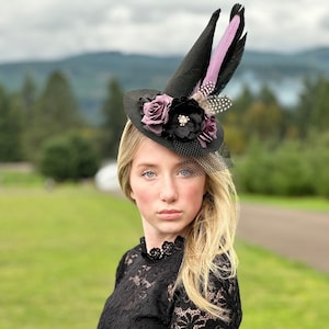 Witch hat, Halloween flower headband, witch hat, photo prop, adult hat with clips, witch hats, witch accessor, purple black witch hat