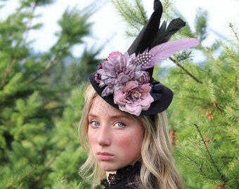 Ready to ship!! Gorgeous flower witch hat, black grey lavender, witch headband, Halloween, witch hat, child witch hat, adult witch hat