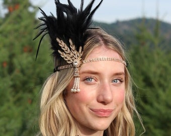 Ready to ship, Flapper feather headband, black gold headband, Halloween costume ,photo prop, roaring 20s costume