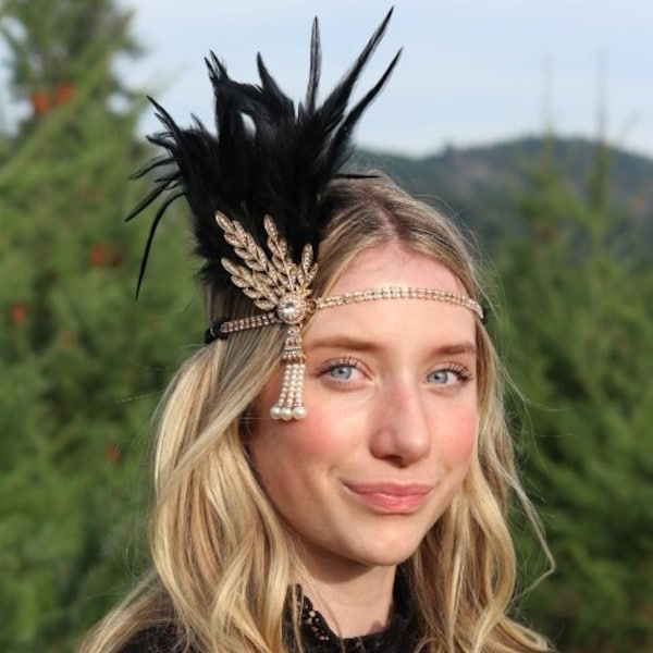 Ready to ship, Flapper feather headband, black gold headband, Halloween costume ,photo prop, roaring 20s costume