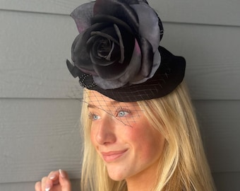 Witch hat, Halloween flower headband, photo prop, adult hat with clips, black rose witch hat, witch hats, witch accessory