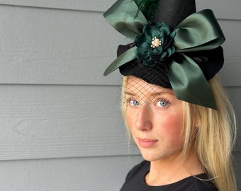 Green bow witch hat, Halloween flower headband, witch hat, photo prop, adult hat with clips, black witch hat, witch hats, witch accessory