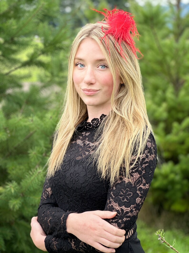 Red feather clip, red hair clip, ostrich feather clip,feather clip,ostrich clip,photo prop, holiday feather clip, ready to ship, Christmas afbeelding 5