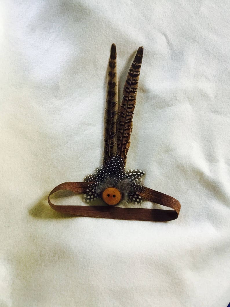 May include: A brown headband with a wooden button and two brown feathers with white spots.