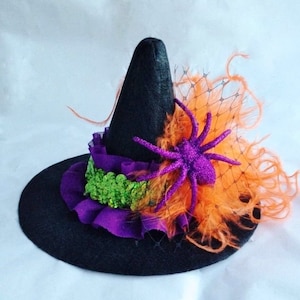mini witch hat, witch headband, halloween flower headband, orange purple black headband, photo prop,baby witch hat,small witch hat