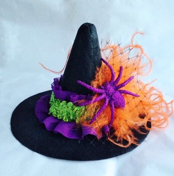 Flowered Purple Witches Pointed Hat With Net Veil Halloween Fancy Dress Accessory