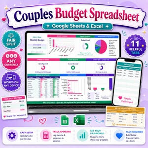Couples Budget Spreadsheet, Google Sheets Excel Template, Monthly Expense Tracker, Shared Bill Split Planner, Money Tracker Excel
