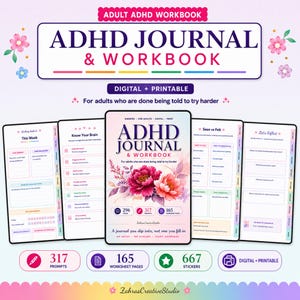 以下が含まれることがあります： 大人向けのデジタルおよび印刷可能なADHDジャーナルとワークブック。花柄の表紙、296ページ、317のプロンプト、165のワークシートページで構成されています。セットには、週ごとの振り返りや脳の知識に関するセクションを含む内部ページレイアウトが含まれています。