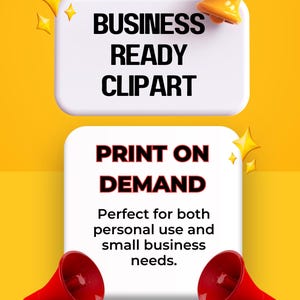 Peut inclure: Graphique jaune avec des rectangles blancs contenant du texte. Le rectangle sup&eacute;rieur indique &laquo; BUSINESS READY CLIPART &raquo;. Le rectangle inf&eacute;rieur indique &laquo; PRINT ON DEMAND &raquo;. Des m&eacute;gaphones rouges et des &eacute;toiles dor&eacute;es sont &eacute;galement pr&eacute;sents.