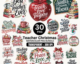 Christmas Teacher Clipart Bundle | 30 Watercolor Teacher Appreciation Clipart Bundle | Merry Teacher Bundle | Teacher Christmas PNG