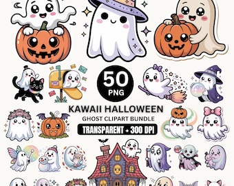 50 Kawaii Ghost Clipart Bundle – Cute Halloween PNG | Instant Download | Halloween Clipart | Spooky Kawaii Ghost Designs | Digital Download