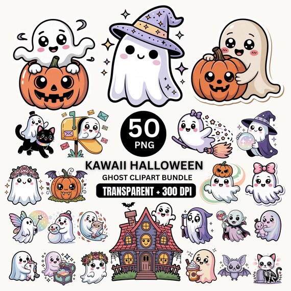 50 Kawaii Ghost Clipart Bundle – Cute Halloween PNG | Instant Download | Halloween Clipart | Spooky Kawaii Ghost Designs | Digital Download
