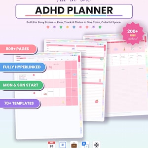 Op de afbeelding: Een ongedateerde all-in-one ADHD-planner met 809+ pagina's, 70+ sjablonen en 200+ gratis stickers. De digitale planner heeft een kleurrijke interface met maandelijkse, wekelijkse en dagelijkse lay-outs, hyperlinked tabbladen en diverse secties.