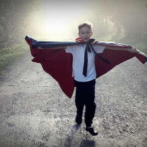 Puede incluir: Una persona joven con una capa roja y negra, una camisa blanca y pantalones negros. La persona está de pie en un camino de grava con árboles en el fondo.