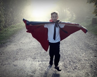 May include: A young person wearing a red and black cape, a white shirt, and black pants. The person is standing on a gravel path with trees in the background.
