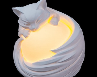 3D-geprinte bollamp slapende kat, minimalistisch huisdierdecor, nachtlampje