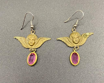 Pendientes colgantes vintage con piedras preciosas de ángel querubín y Cupido