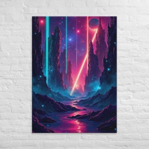 Neon Cosmic Landscape – Futuristic Sci-Fi Wall Art Print, Vibrant Fantasy Canvas, Surreal Galaxy Poster