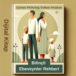 May include: A book cover with the title "Bilinçli Ebeveynler Rehberi" and the author's name, "Uzman Psikolog Volkan Hoşkan." The cover features an illustration of a family of four in a neutral color palette, with a light green background.