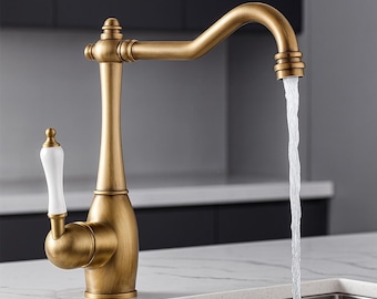 Antique Brass Kitchen Mixer Tap with 360 Swivel Spout & Ceramic Handle