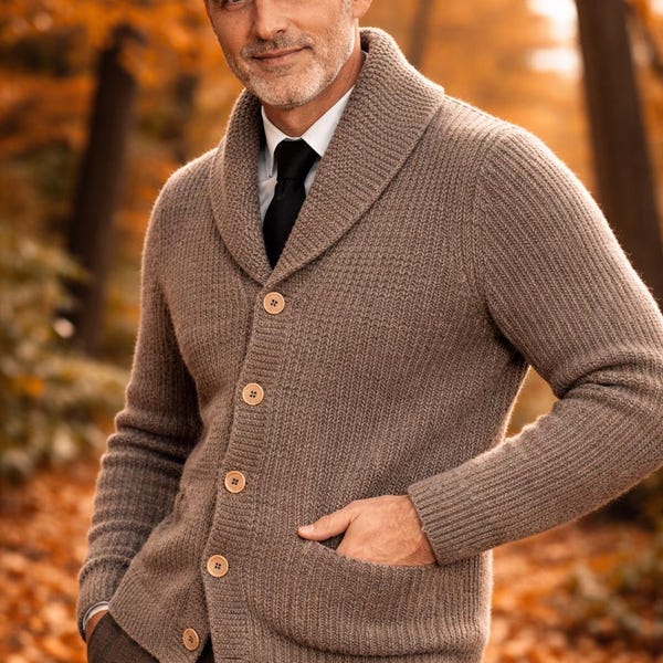 Mens Shawl Collar Cardigan Knitting Pattern, Sweater Pattern for Men, Button Front Knit Jacket, Vintage Style Winter Cardigan, Gift for Him