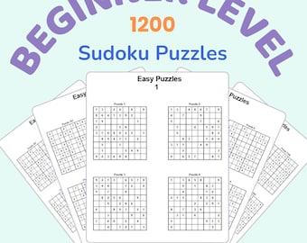 Peut inclure: Une pile de feuilles de puzzles Sudoku blanches avec le texte "BEGINNER LEVEL 1200 Sudoku Puzzles". Les feuilles sont étiquetées "Easy Puzzles 1" et "Printable". Le texte "Instant Download" et "Great for beginners" est également visible.