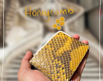 Tarjetero de piel de pitón – Cartera artesanal de piel de serpiente exótica con diseño de panal, auténtica