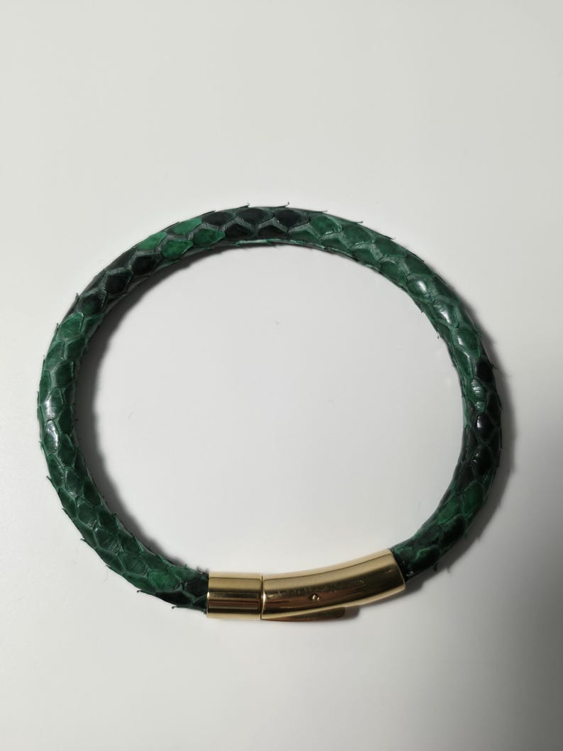 以下が含まれることがあります： 緑と黒のヘビ革のブレスレット、ゴールドカラーの留め金付き。 ブレスレットは円形で、本物のヘビ革で作られているようです。 留め金は湾曲した長方形の形状で、マグネット開閉式です。