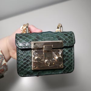 May include: A small, emerald green handbag with a snakeskin pattern. The bag features a gold-colored clasp and chain straps. The handbag is rectangular and has a structured design.