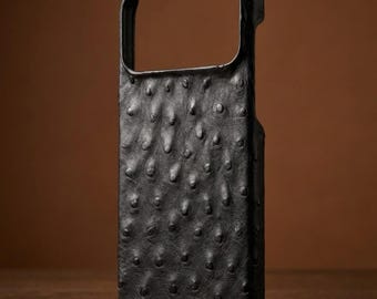 Étui MagSafe pour iPhone en cuir d'autruche noir : cuir véritable, fait main, fin, résistant, coque de téléphone, étui pour téléphone