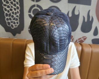 Handmade Navy Python Leather Baseball Cap – Exotic Snake Skin Hat
