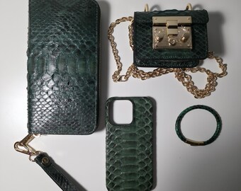 Handgemaakte pythonleren cadeauset: iPhone-hoesje, portemonnee, minitasje en armband