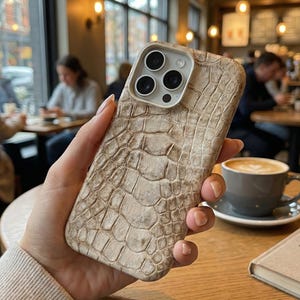 May include: A beige phone case with a crocodile skin texture. The case has a camera cutout with three lenses and a flash. The phone case is held in a person's hand.