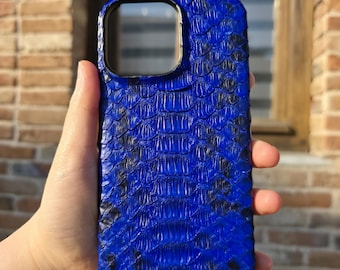 Handgemaakte blauwe python leren iPhone MagSafe-hoesje: hoes van exotische slangenleer