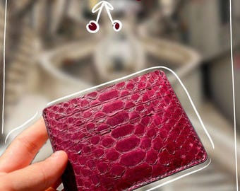 Tarjetero de piel de pitón rojo cereza artesanal, billetera fina exótica
