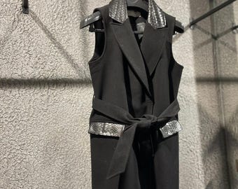 Gilet : Gilet en cuir de python - Gilet en laine pour femme - Gilet en laine noir pour femme - Gilet long en cuir