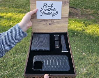 Handgefertigtes Geschenkset aus Pythonleder – iPhone-Hülle, Geldbörse und Armband