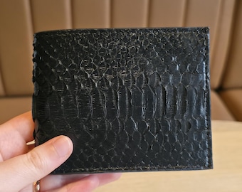 Mens Leather Wallet:  Handmade Black Python Bifold Wallet – Exotic Slim Card Holder