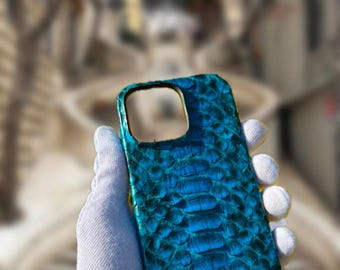 Handmade Blue Python Leather iPhone Case: Exotic Snakeskin Cover