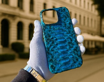 Handmade Blue Python Leather iPhone MagSafe Case: Exotic Snakeskin Cover